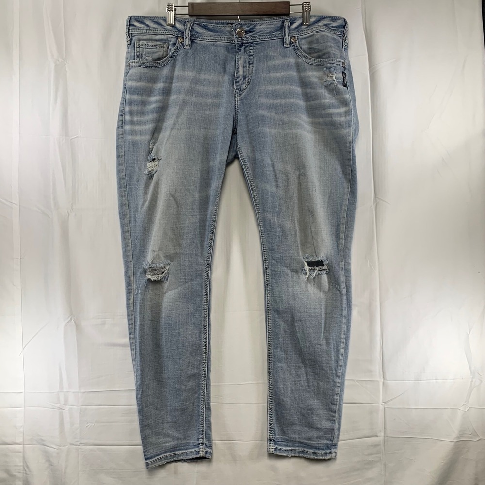 Silver Jeans Boyfriend Womens 34x29‎ (38x30) Light Blue Distressed Super Stretch